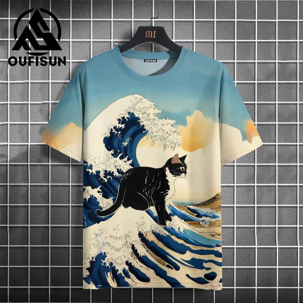 Ukiyo-e painting T-Shirt For Men Hip Hop Animal Cat Short Sleeve Tees Oversized Streetwear Casual Sweatshirt Men\'s Clothing Xl