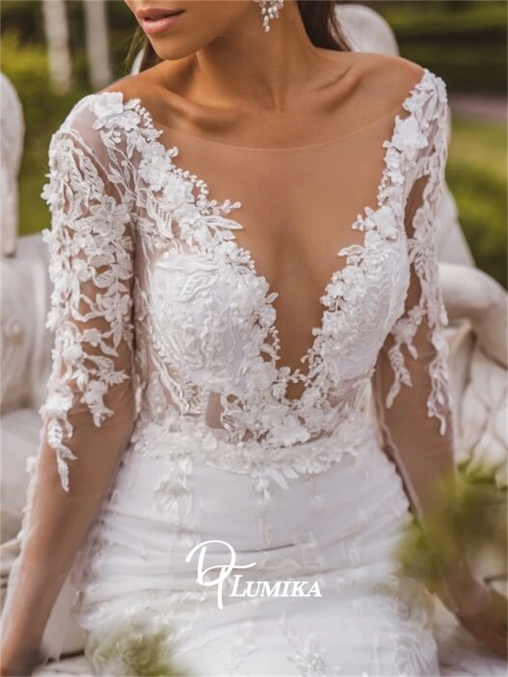 

DTLumika Sheer Long Sleeve Wedding Dress for Women Lace Mermaid Bride Dresses with Detachable Tulle Train Customized Bridal Gown