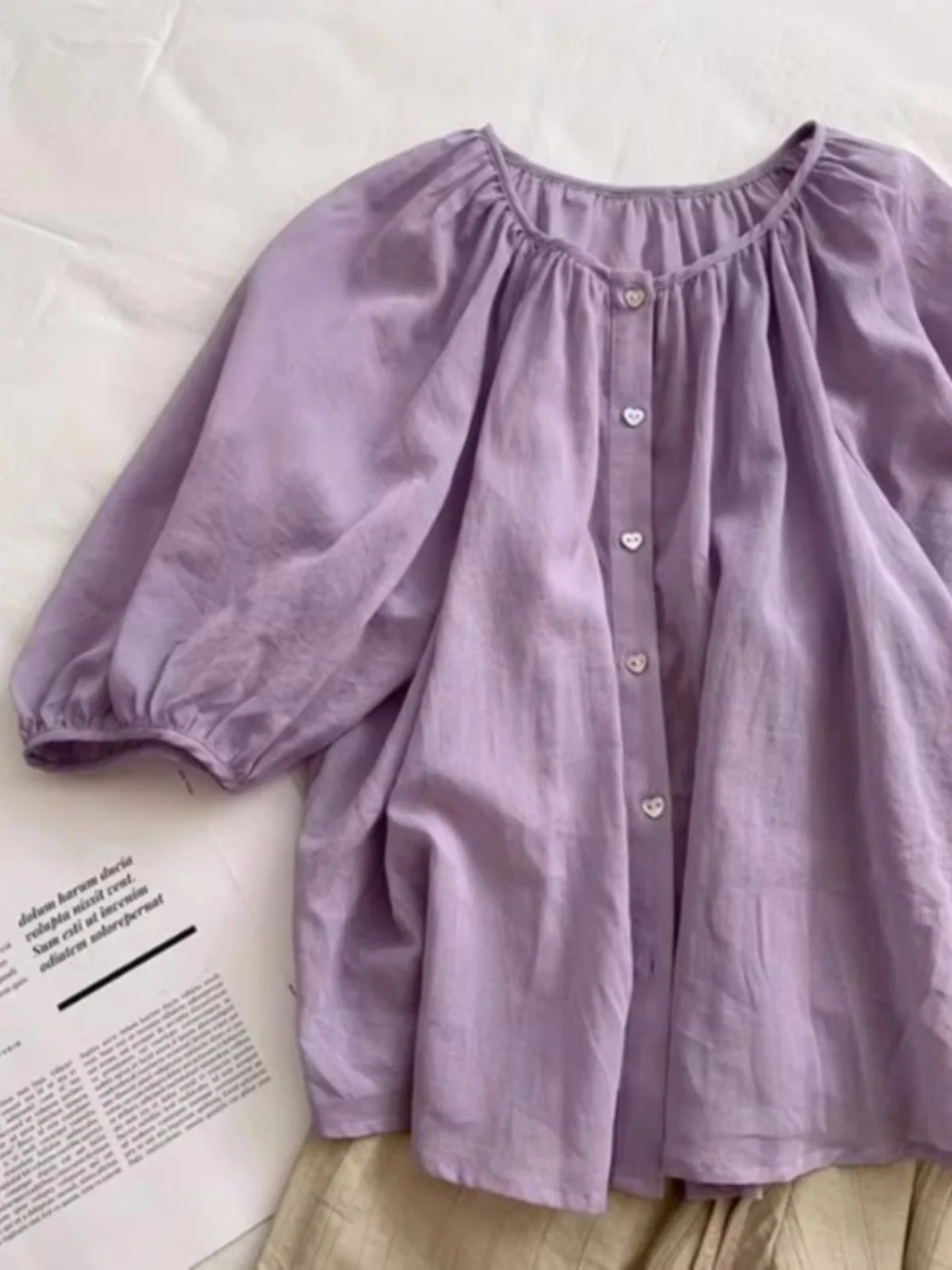 Loose Fit Lantern Sve irt dames zomer dunne pop ontwerp afslankeffect casual Sle ronde Ne button-up top