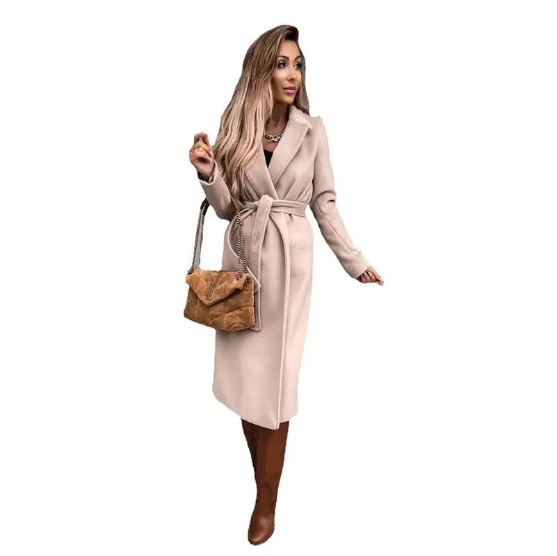 Pure Color Long Sleeve Woolen Coat With Belt Street Style Gothic Wind For Women Elegant And Sophisticated Autumn Winter Outer...