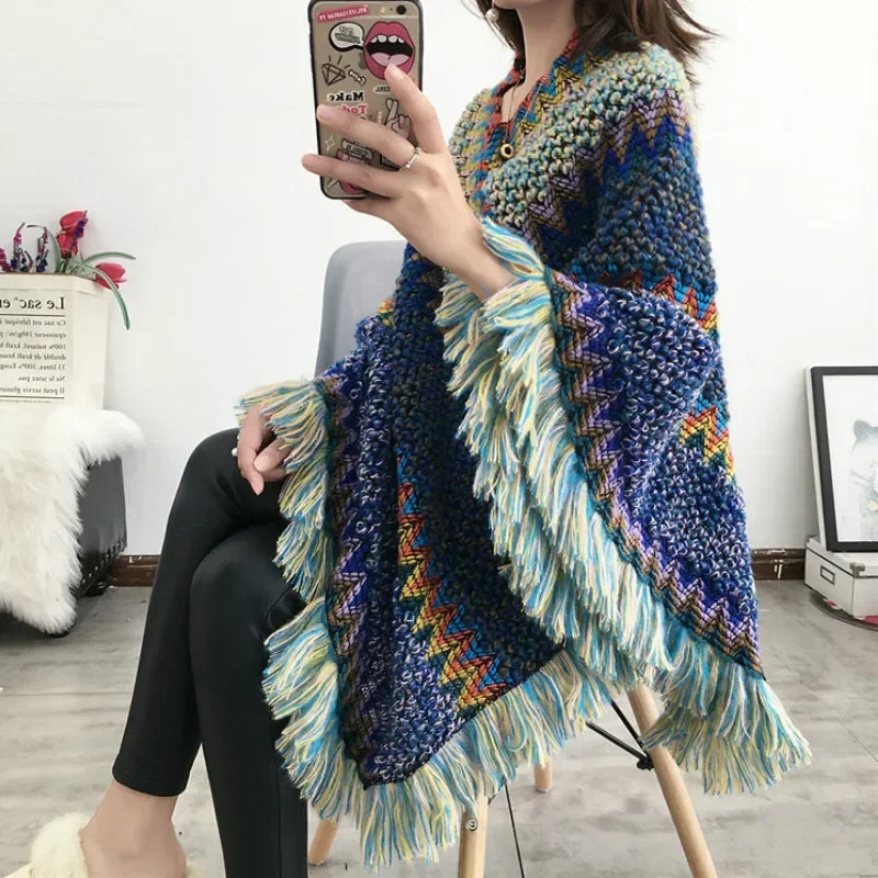 Women National Geometric Cloak Tassels Shawl Knitted Spring Hedging Mohair Fringed Knit Scarf Jacket Long Shawl Casual Poncho