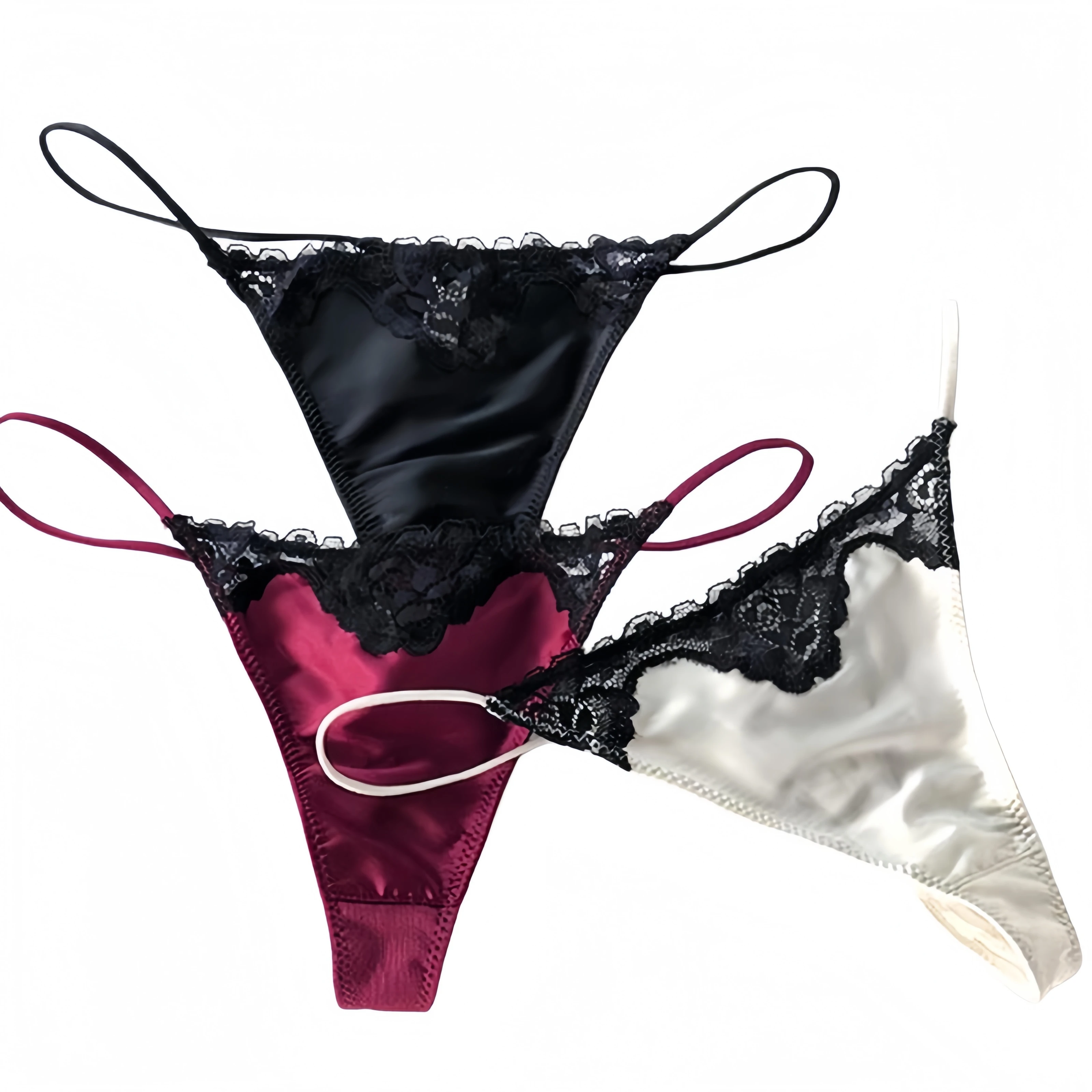 Tanga de encaje bordado de satén de lujo para mujer, ropa interior invisible sin costuras, color sólido, tanga con entrepierna de algodón, pantalones tipo T