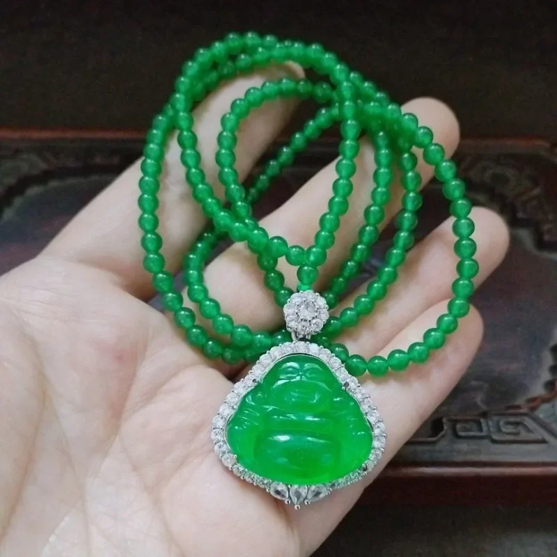 Green Jade Laughing Buddha Pendant Necklace, Silver Plated CZ Wrapped Buddha Charm with Green Bead Chain view 3