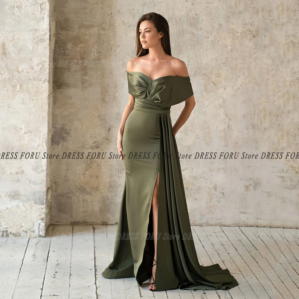 Olive Green Off Shoulder Long Evening Dress Side Split With Detachable Train Floor Length Prom Party Gown 2023 Vestido De Fiesta