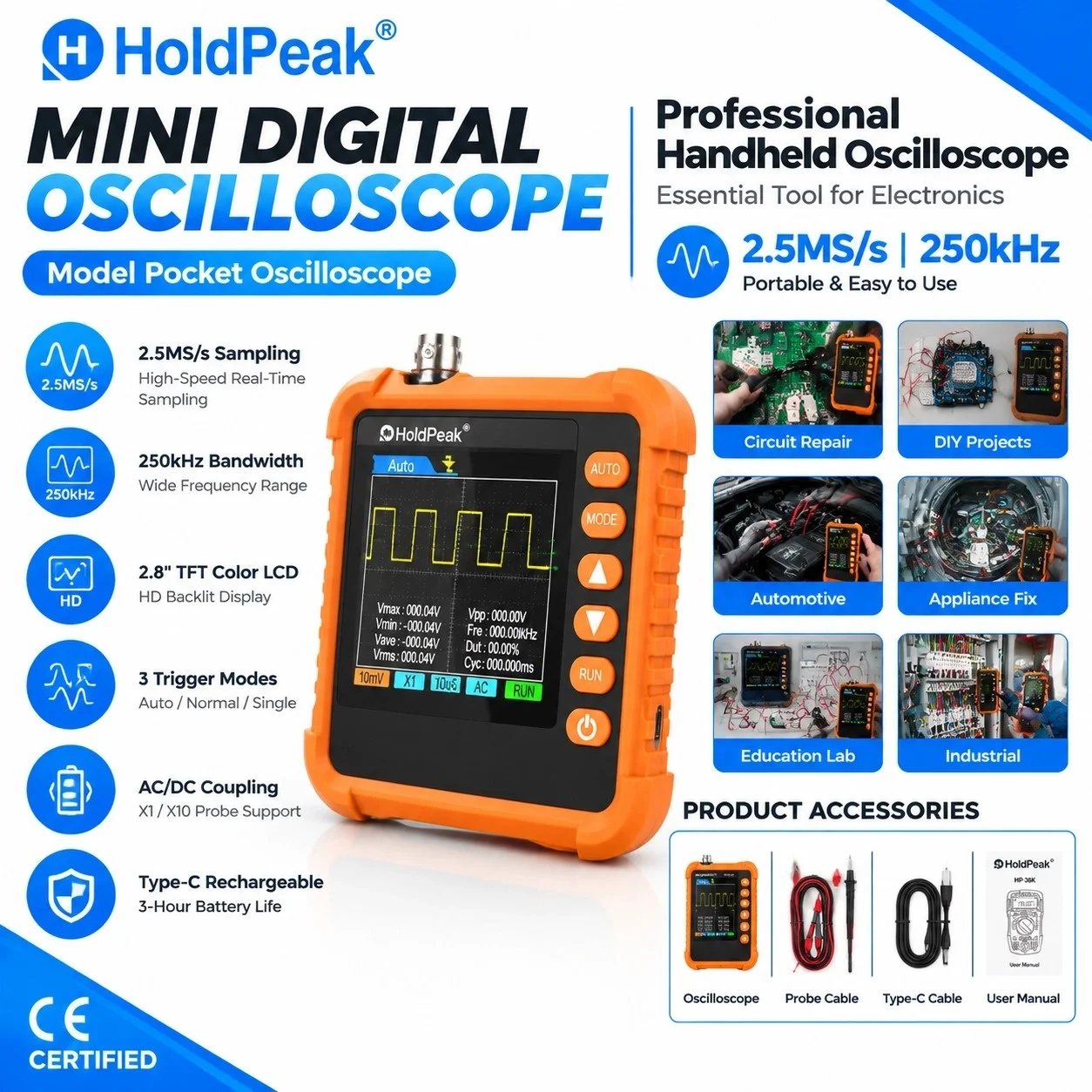 HoldPeak 250K Mini Handheld Oscilloscope 250kHz 2.5MS/s ±40V 2.8" LCD 1-Key Auto AC/DC Type-C 400mAh for Repair Education