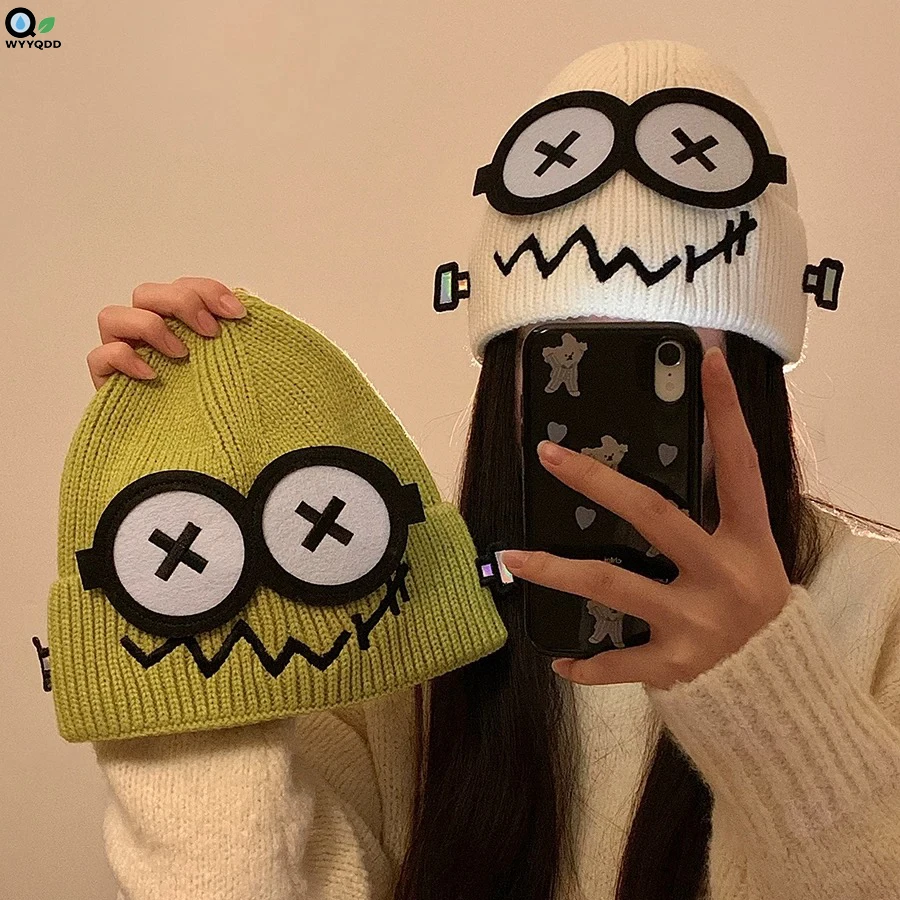 

Funny Knitted Wool Hat Female Autumn and Winter Warm Robot Cute Big Eyes Cartoon Ear Protection Hat Keeping Warm and Cold Proof