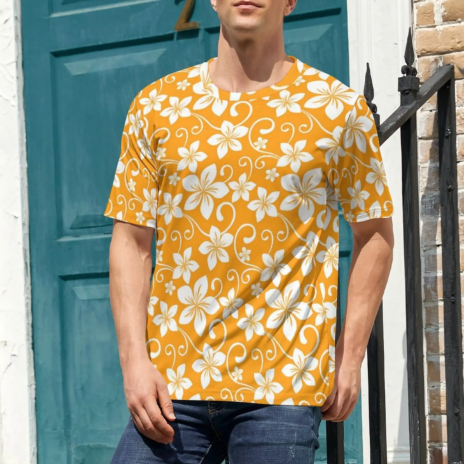 Men Tropical Floral T Shirt Yellow Flowers Print Fashion T-Shirts Short Sleeve Tops Cheap Summer Street Style Big Size Tees