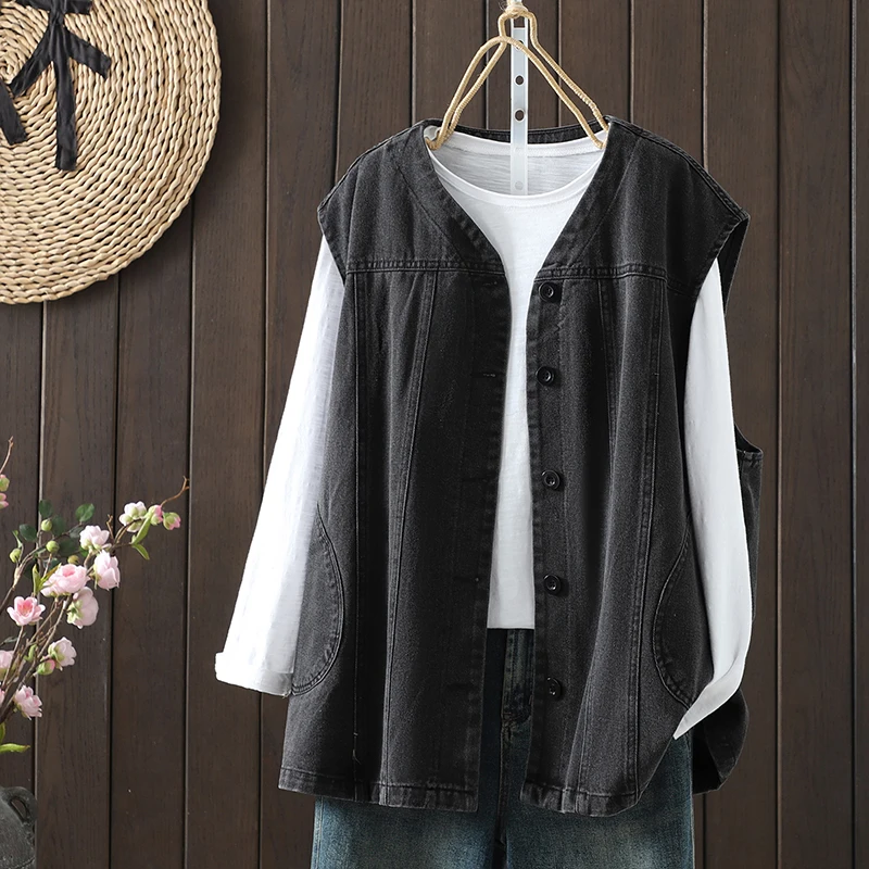 Loose Fit Blue Denim Vest Women's Summer Casual V-Neck Single Button Oversized Cover up Cotton Blend Breathable Inner Wear