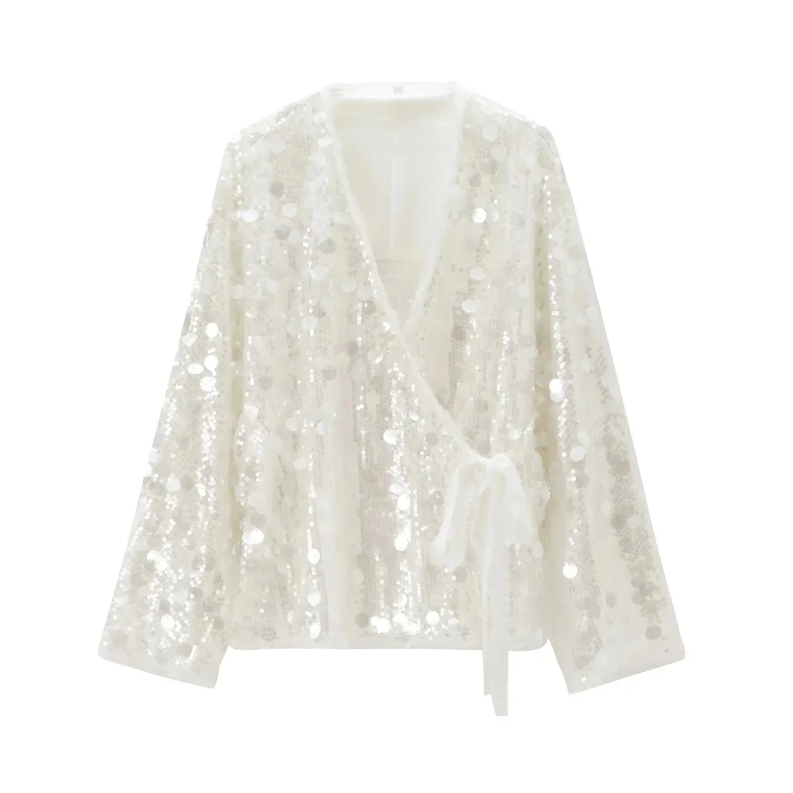 New Sexy See Through Women Loose Shirt Traf Autumn Long Sleeve Bow Lace Up V Neck Kimono Blouse Y2K Shiny Sequins Oversize Top