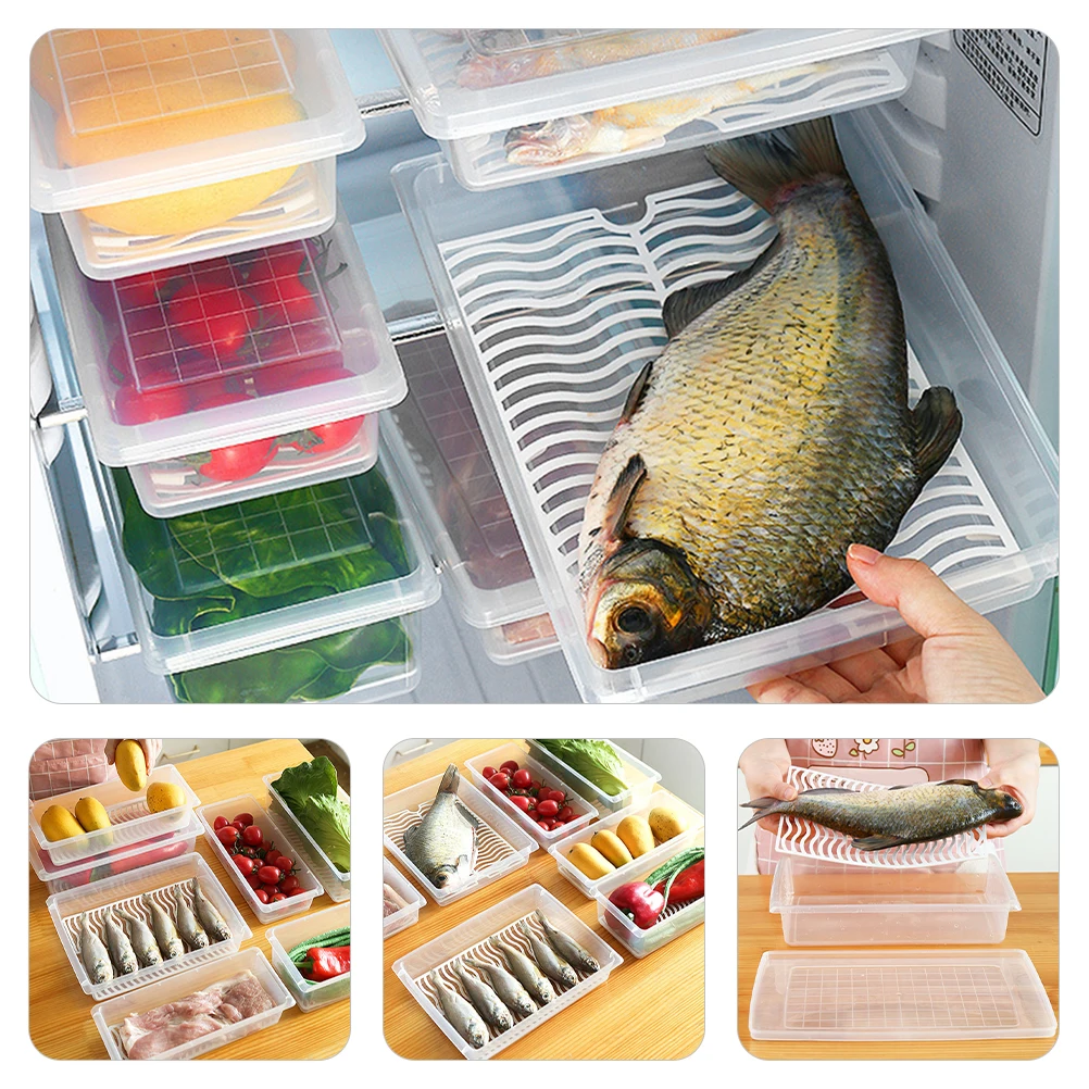 

2pcs Airtight Food Storage Containers Clear Fridge Boxes with Drain Plate for Vegetable Fruit Meat Keeper Small Size Kitchen