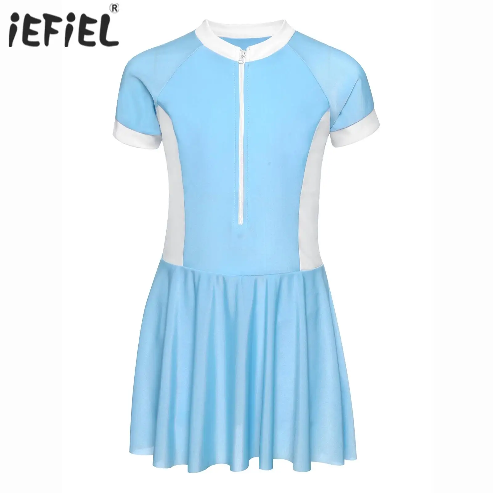 

Kids Girls Chest Pads Front Zipper One Piece Swimsuit Swim Dress with Integrated Safety Shorts Swimwear Beachwear Bathing Suit