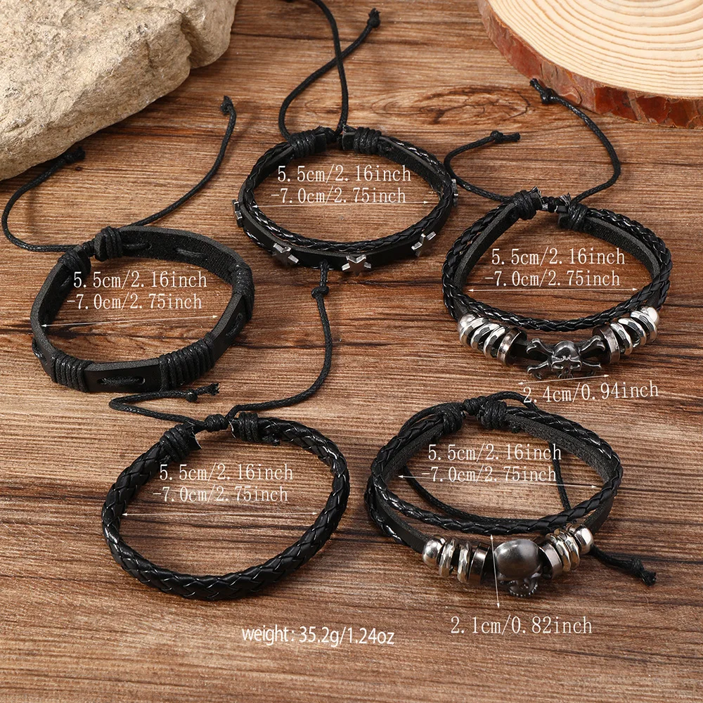 5pcs Punk Style Woven Leather Bracelets For Men Hip Hop Five Pointed Star Skull Men\'s Lace-Up Bracelet Set Gifts For Friend