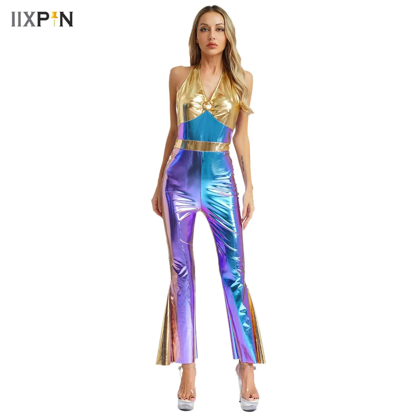 

Women Shiny Metallic 70s 80s Disco Dance Jumpsuit V Neck Halter Sleeveless High Waist Flared Jumpsuit Halloween Party Costume
