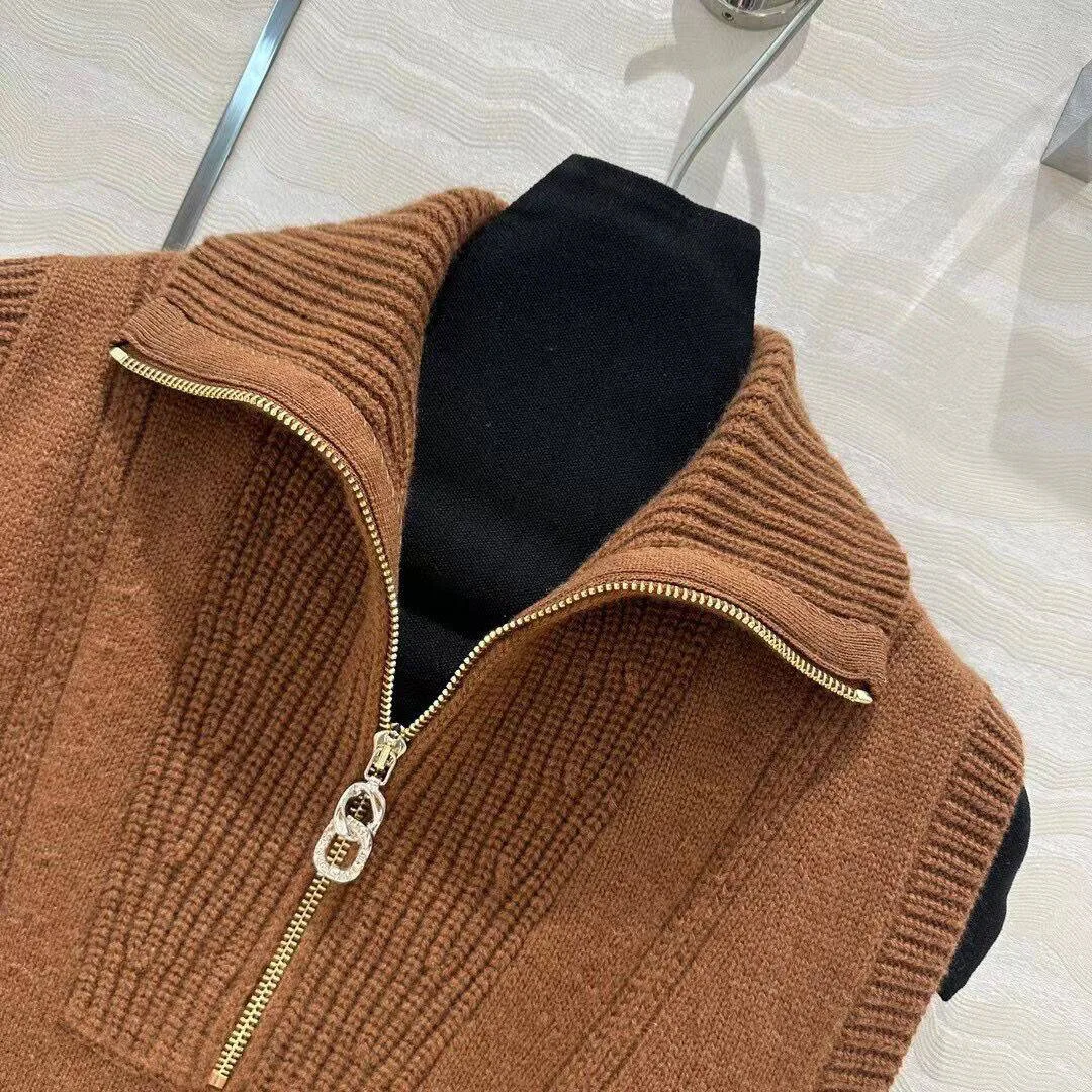 2024 New Fashion Autumn Luxury 100% Goat Cashmere Brown Knitted Tank Pullover Women Lapel Zipper Fly Sleeveless Sweater Vest