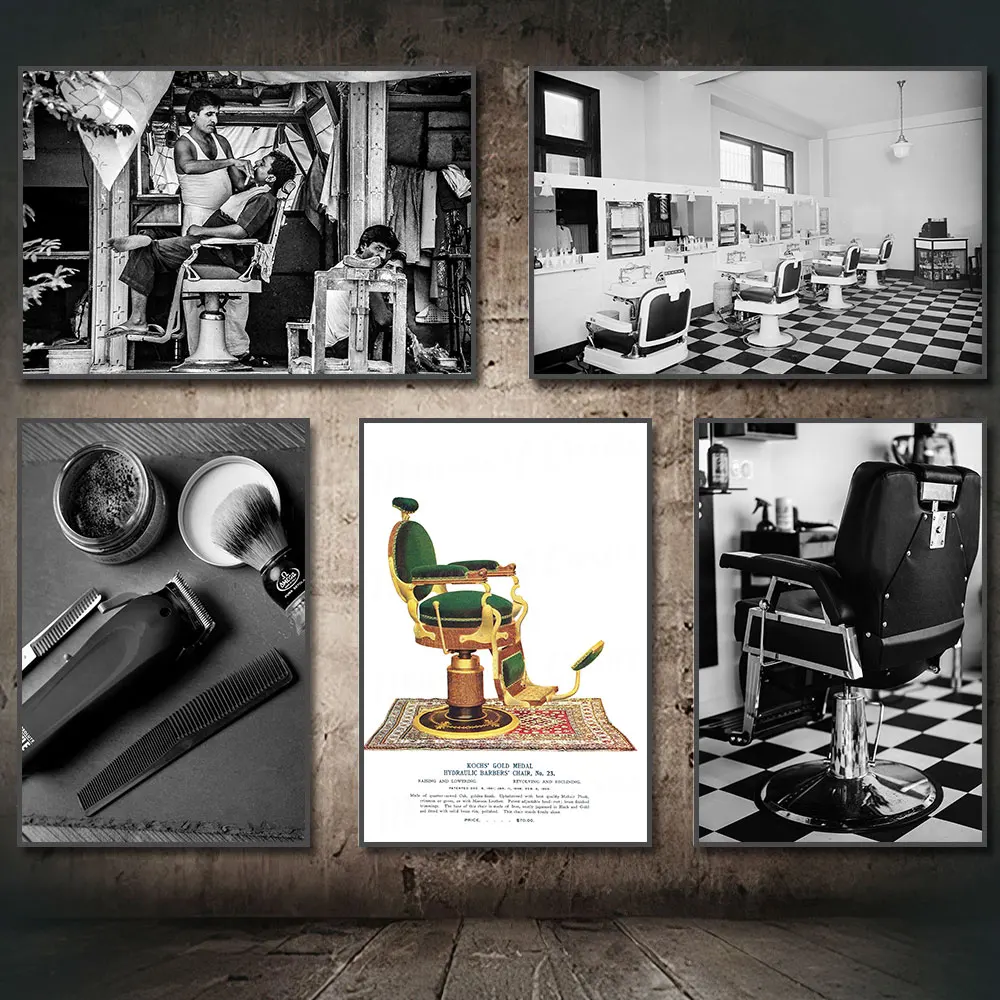 Vintage Barbier-Shop Schwarz-Weiß-Foto-Stil Haarschnitt Friseurstuhl Kunstposter Leinwanddruck Wandbilder Raumdekoration
