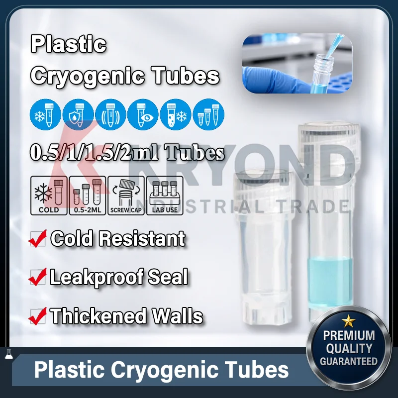 Plastic Cryogenic Tubes 0.5ml 1ml 1.5ml 2ml Screw Cap Conical or Flat Bottom Clear Brown Attached Lid Lab Sample Storage 100pcs