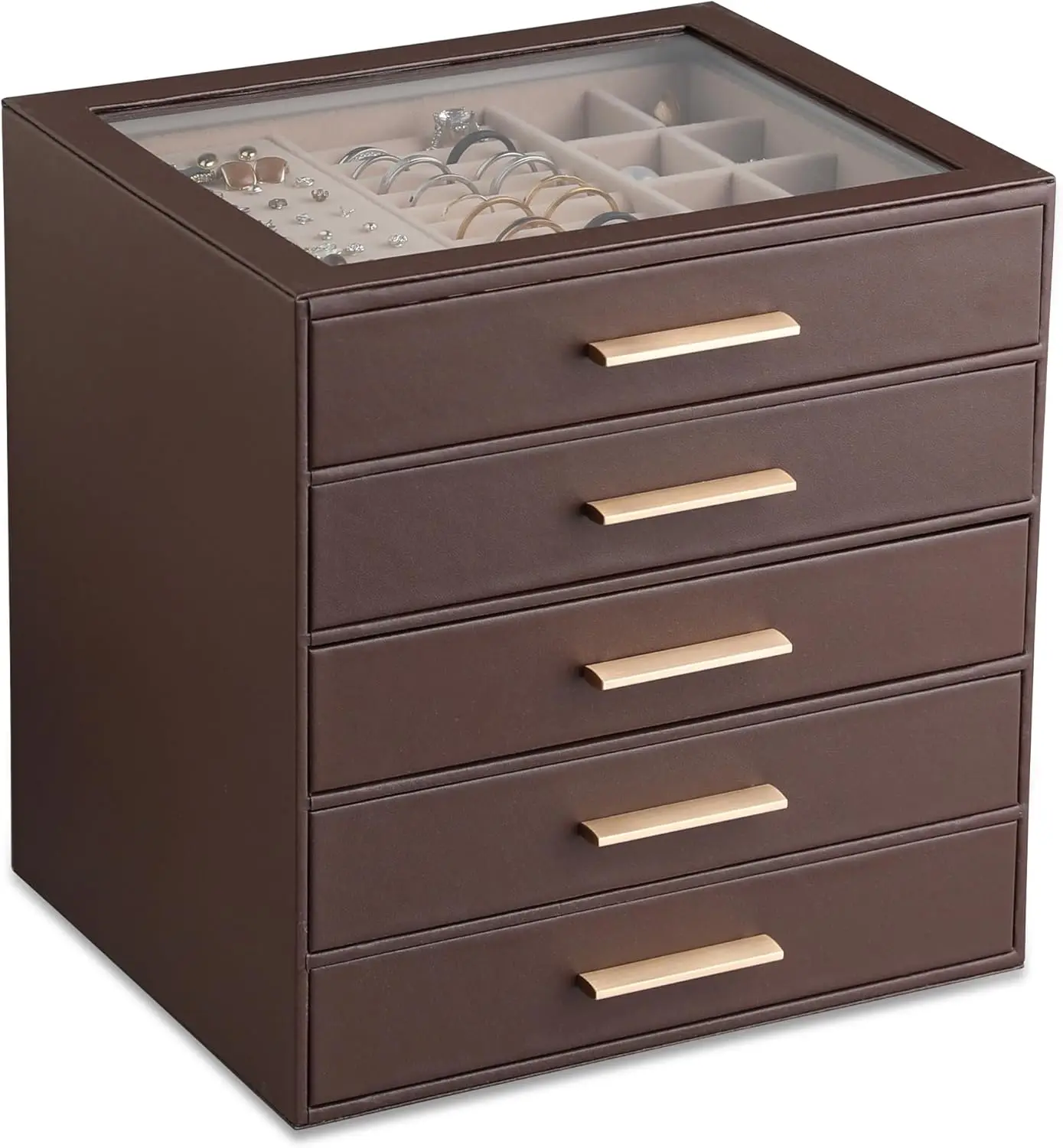 

5-Layer Jewelry Organizer with Clear Lid, PU Leather Storage Box for Women - Brown