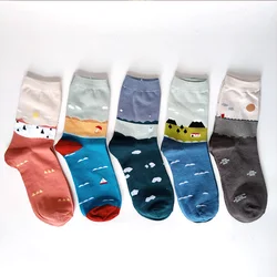 5 Pairs/Pack Women Socks Rural Pattern Funny Happy Novelty Skateboard Crew Casual High Quality Combed Cotton Socks