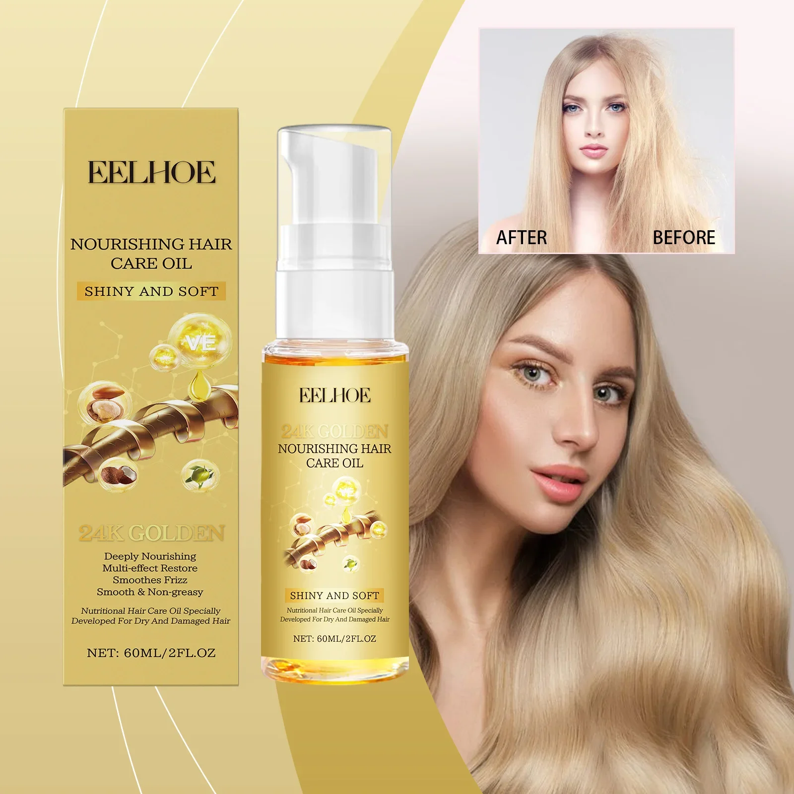 Hair Care Set 24K Gold Hair Oil, Revitalize Hairs Scalp, Repair Damaged Hairs and Boost Hair Growth Moisturizing and Nourishing