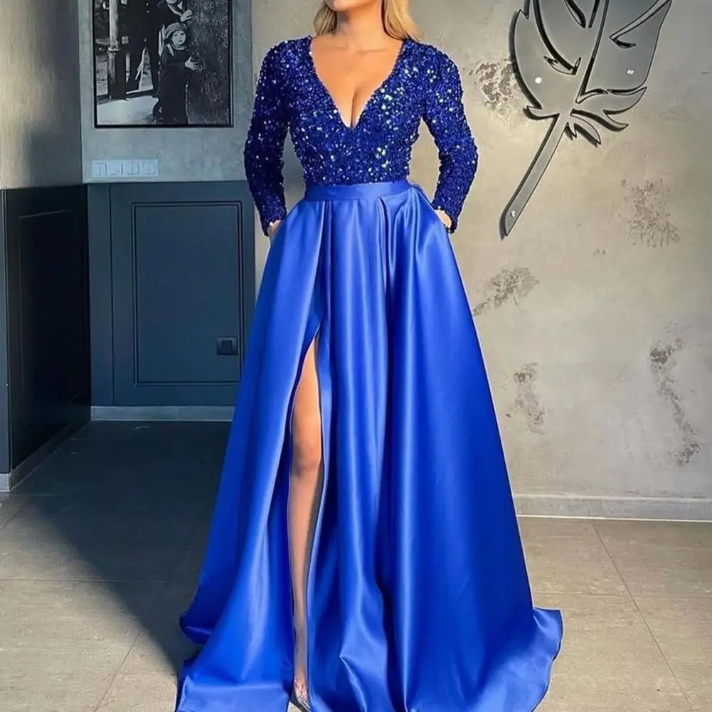 Women Evening Dress V Neck Sequin High Waist Split Hem A-line Big Swing Floor Length Satin Prom Wedding Party Lady Maxi Dress