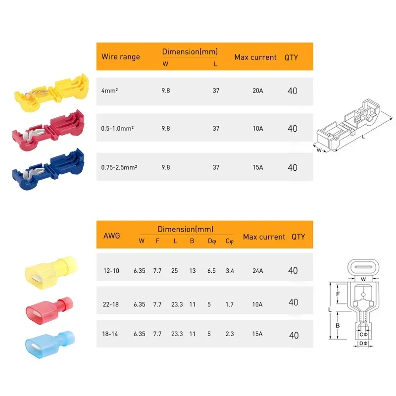 120/240PCS T-Tap Connector Quick Electrical Cable Connector Snap Splice Lock Wire Terminal Crimp Wire Terminal