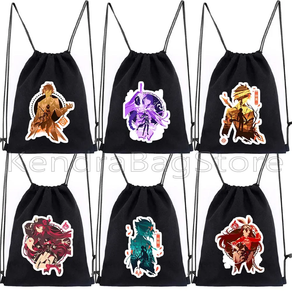 Genshin Impact Raiden Shogun Zhongli Xiao Amber Hu Tao Ganyu Venti Eula Qiqi Gift Canvas Drawstring Bag Soccer Backpack Sackpack