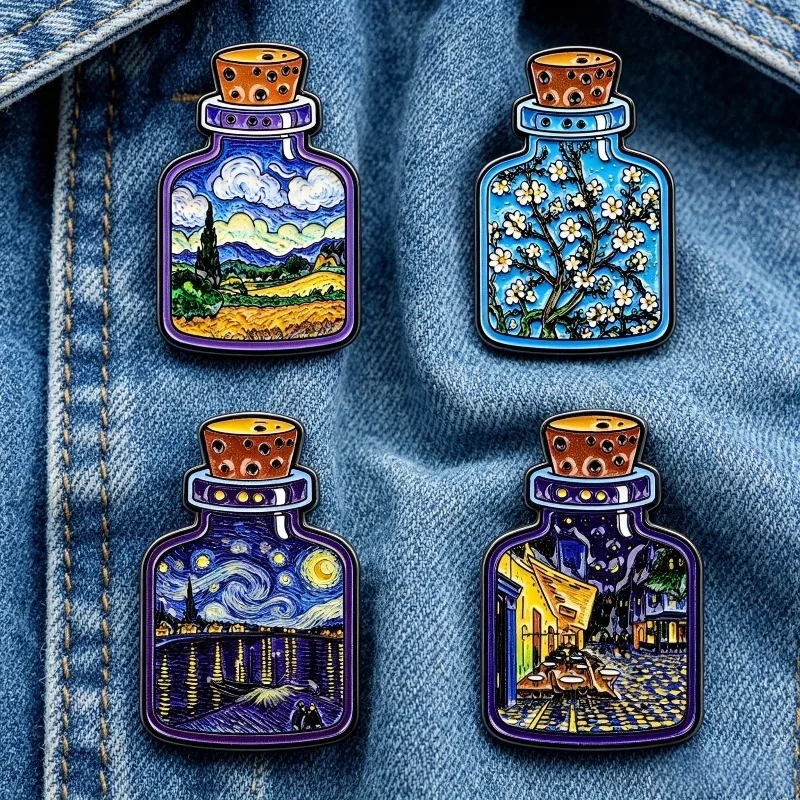 Creative Van Gogh Series Bottle Brooch Metal Badge Art Fashion Jewelry Men's and Women's Fashion Clothing Accessories Pin Gift