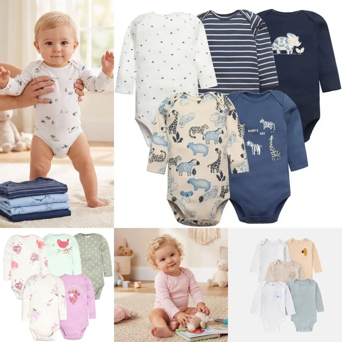 5Pcs Baby Girl Long Sleeve Cotton Jumpsuit Set Newborn Bodysuits Toddler Boy Clothing Set Infant Cute Fall Costume Bebe Clothes