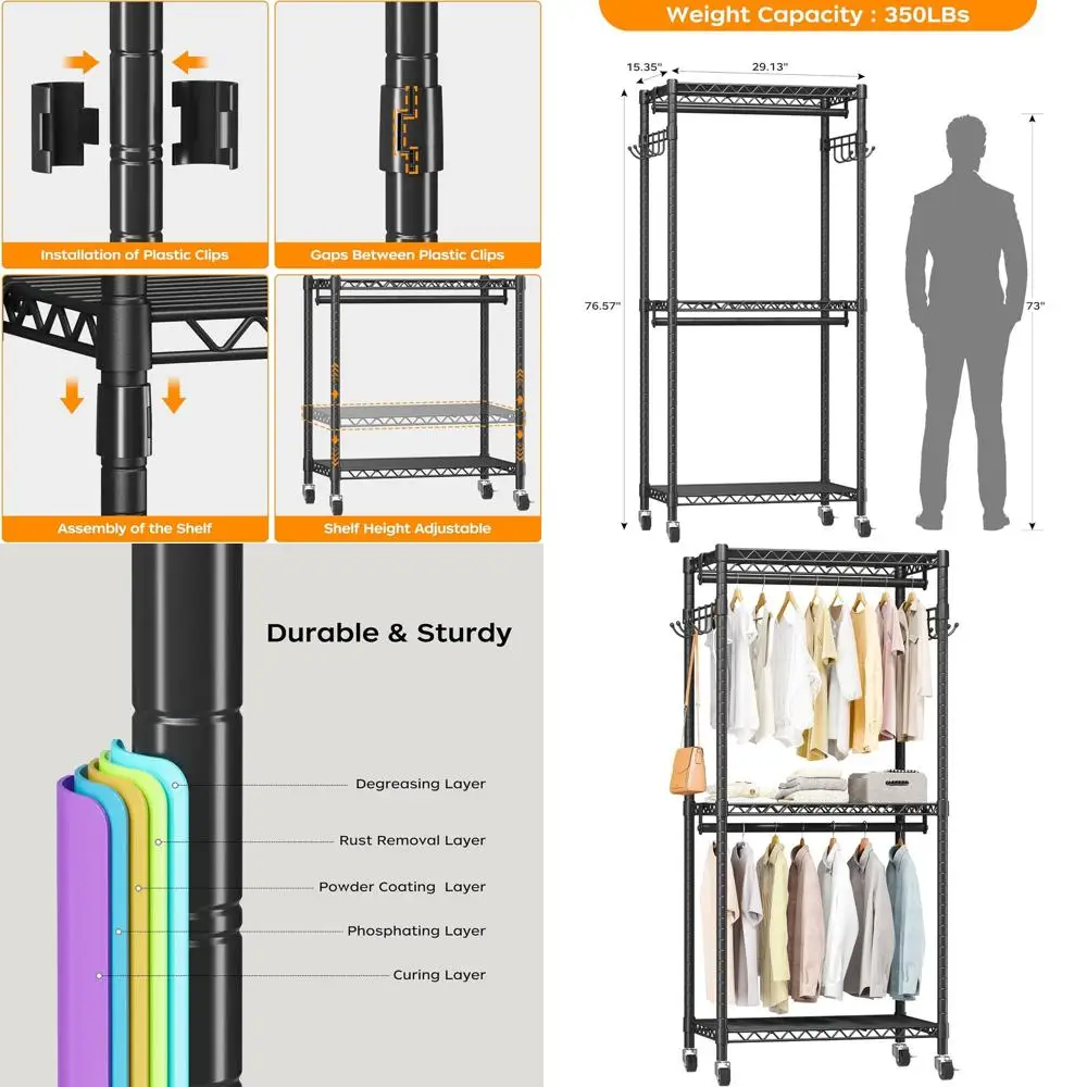 

Portable Heavy-Duty Metal Wire Clothing Rack with Adjustable Shelves, Wheels, and Side Hooks, Black