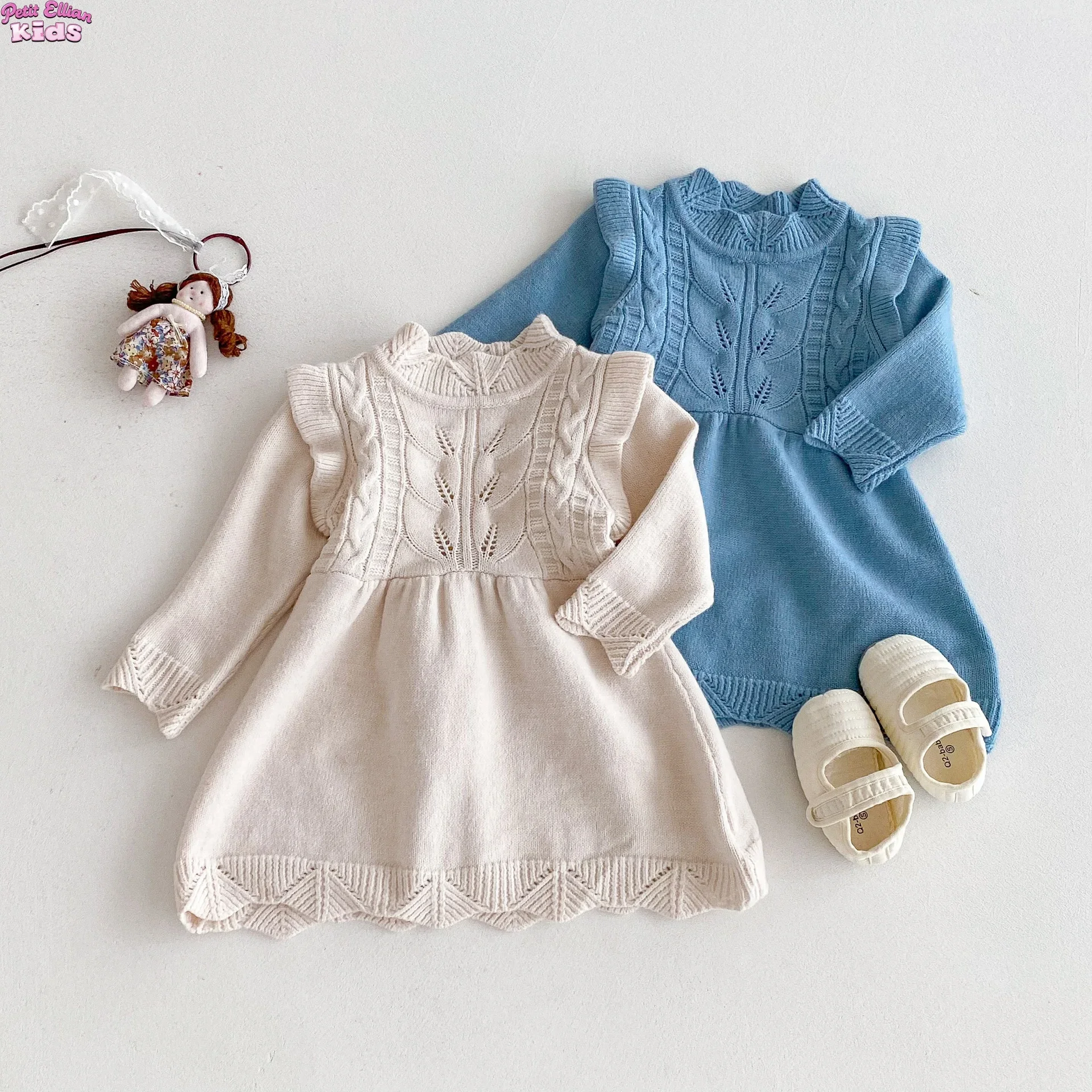 

Baby Girl Cotton Knit Sweater Dress 0-3Y Baby Sweaters Cable Knit Pattern Ruffle Trim Mock Neck Soft Casual Infant Winter Outfit