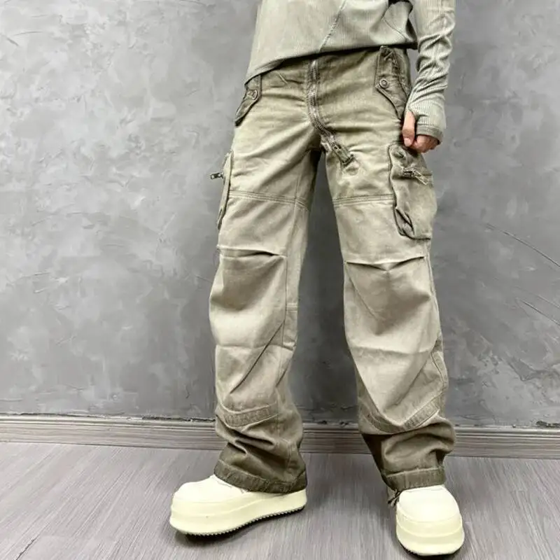 HKSH 男性ヘビーレトロウェイストランド洗浄レトロサファリスタイルカーゴパンツパンクパーソナライズされた斜めジッパーポケットオーバーオール HK4584