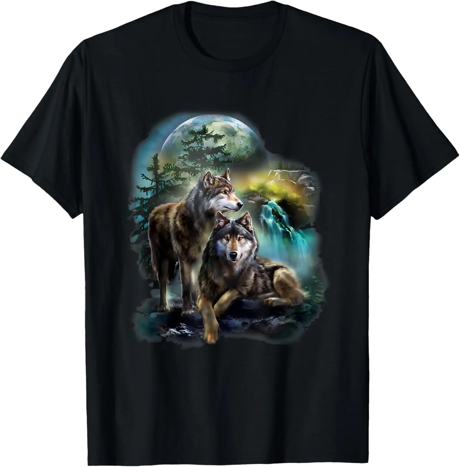 Wolf Full Moon Waterfall Graphic Tee Men Women Fashion Short Sleeve Breathable T-Shirt