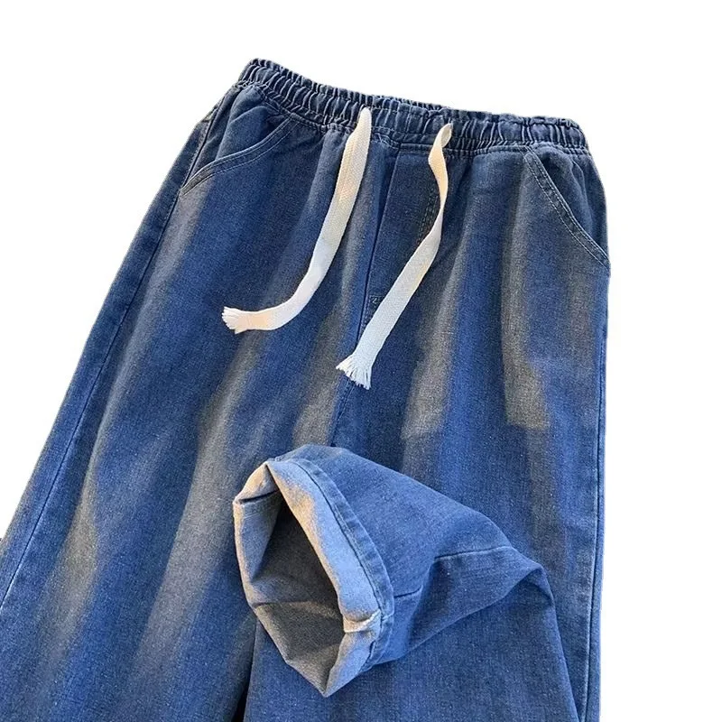 Men Elastic Waist Vintage Straight Loose Denim Jeans American High Street Luxury Texture Trendy Casual Long Pants Streetwear