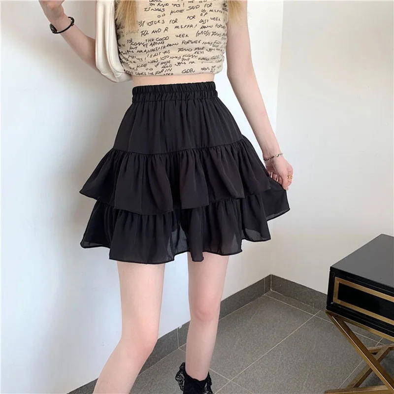 Lucyever Women White Pleated A-Line Skirt Preppy Style Elastic Waist Ruffles Mini Skirts Woman Summer Sweet Kawaii Student Skirt