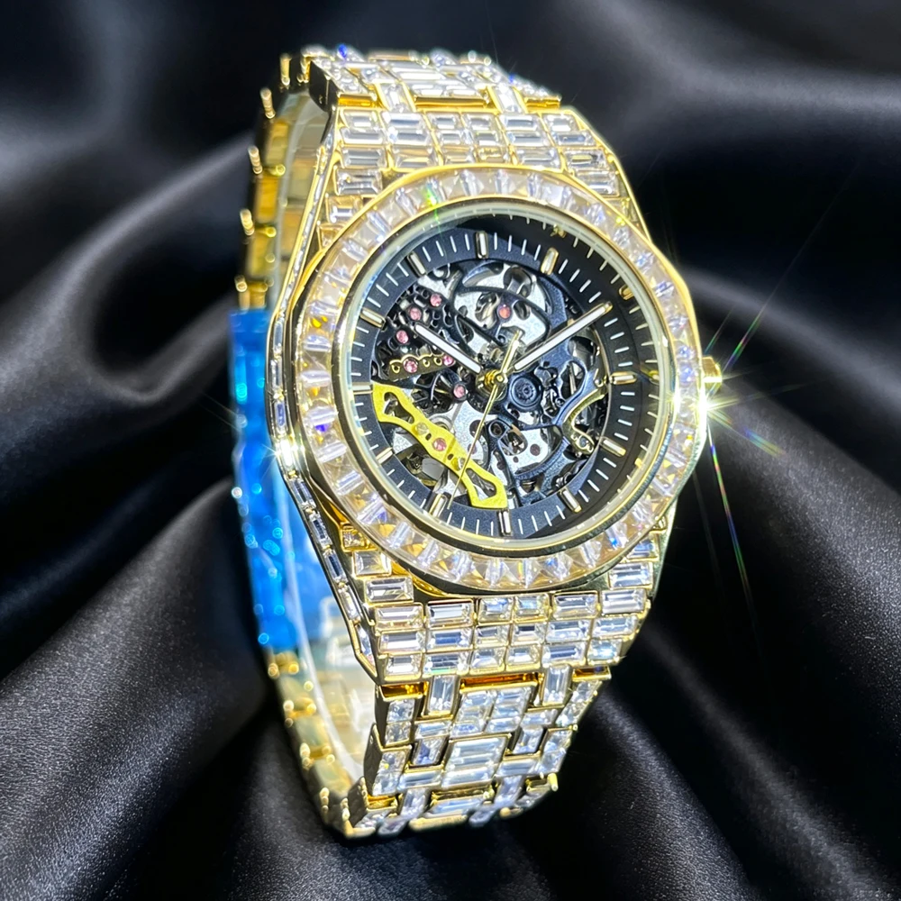 MISSFOX Men Skeleton Mechanical Watch Gold Baguette Crystal Hip Hop Iced Out Waterproof Steel Wrist Male Gift Reloj Hombre