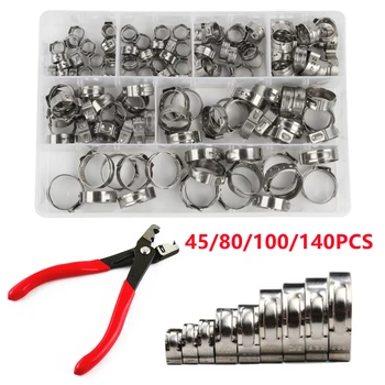 140/100/80/45pcs single ear stepless hose clamps or 1pc hose clip clamp pliers 304 stainless steel hose clamps Cinch clamp rings