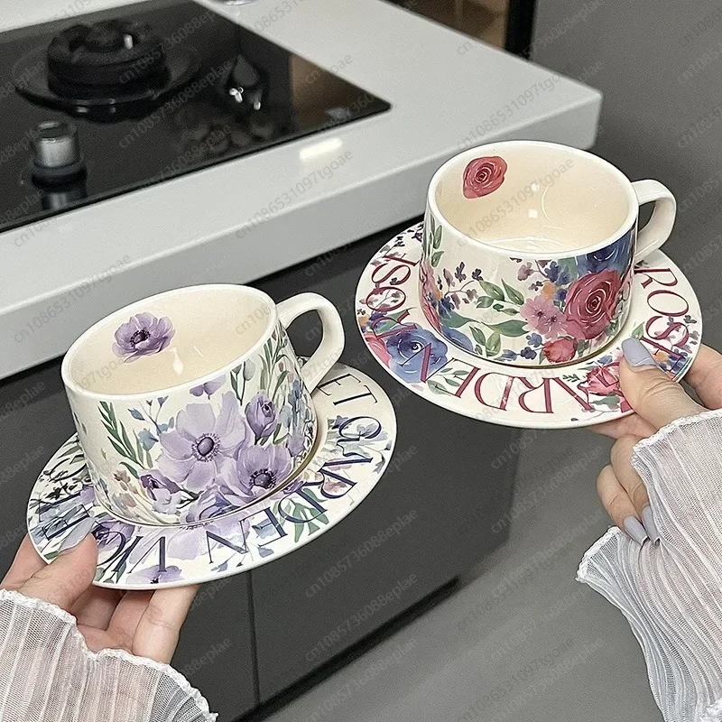 MM  INS Style Ceramic Coffee Mug with Floral Pattern, Glazed Vintage Latte Cup, Elegant Afternoon Teaware