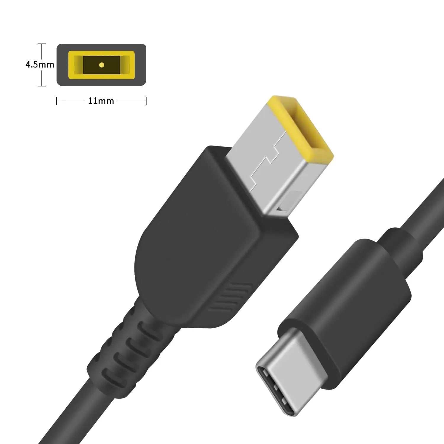 Cabo de carregamento fino para laptop, conector USB C para DC, cabo de conversor de carregador, tipo C para retângulo, 11.0x4.5mm, 65W PD