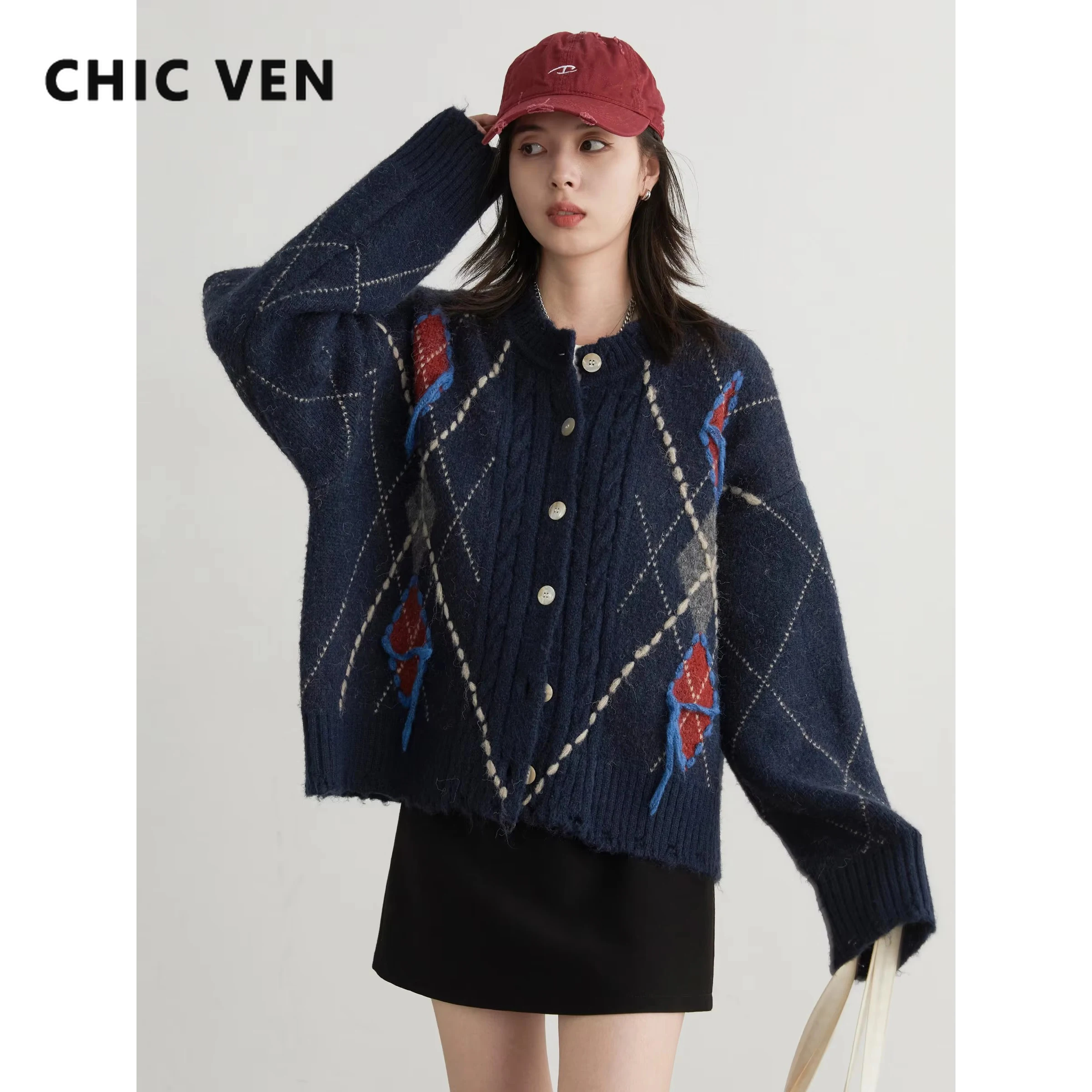 

CHIC VEN Women Knitted Cardigan Warm Loose Vintage Sweater Colorful Diamond Pattern Female Jumpers Autumn Winter Clothes 2025