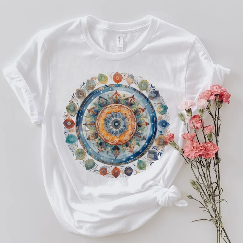 

Flower Print T-Shirt Casual Summer Women's Clothing 2025 New Top Printed Round Neck White Short Sleeved Regular Trendy T-Shirt