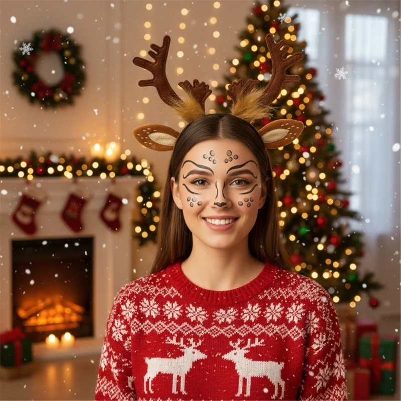 Reindeer Antler Hair Accessory Set Headband and Stickers Lightweight Foldable Design For Christmas Parties Family Photo Props