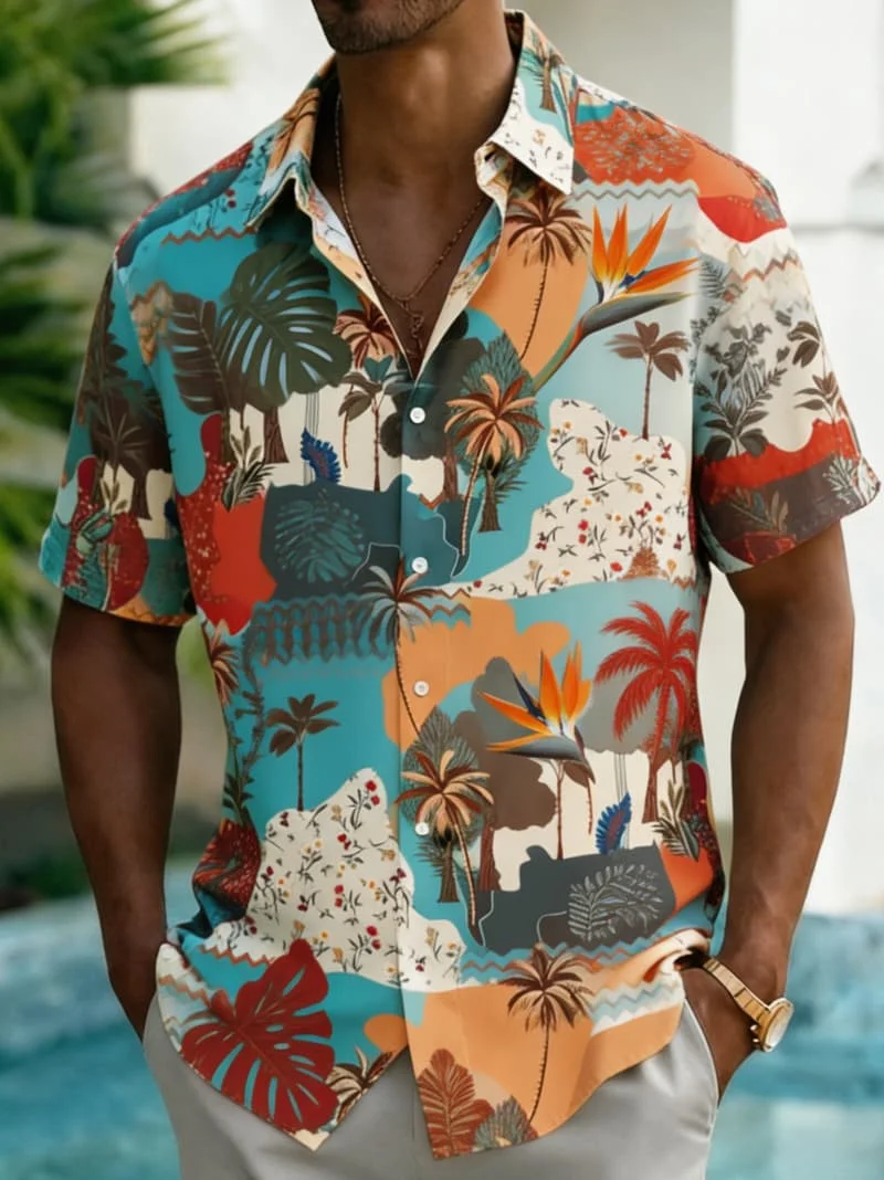 Men's Artistic Plant Patchwork Print Shirt, Trendy Casual Wear for Summer, Beach Trips, Daily Outings & Street Fashion