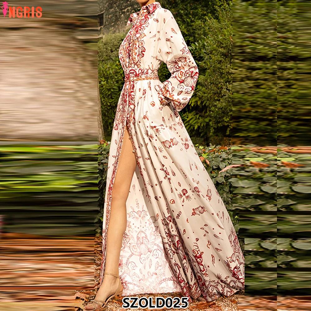 

Women's Fashion Vacation Loose Long Sleeve Casual Printed Collar Maxi Dress Ladies Casual Wear-SZOLD025