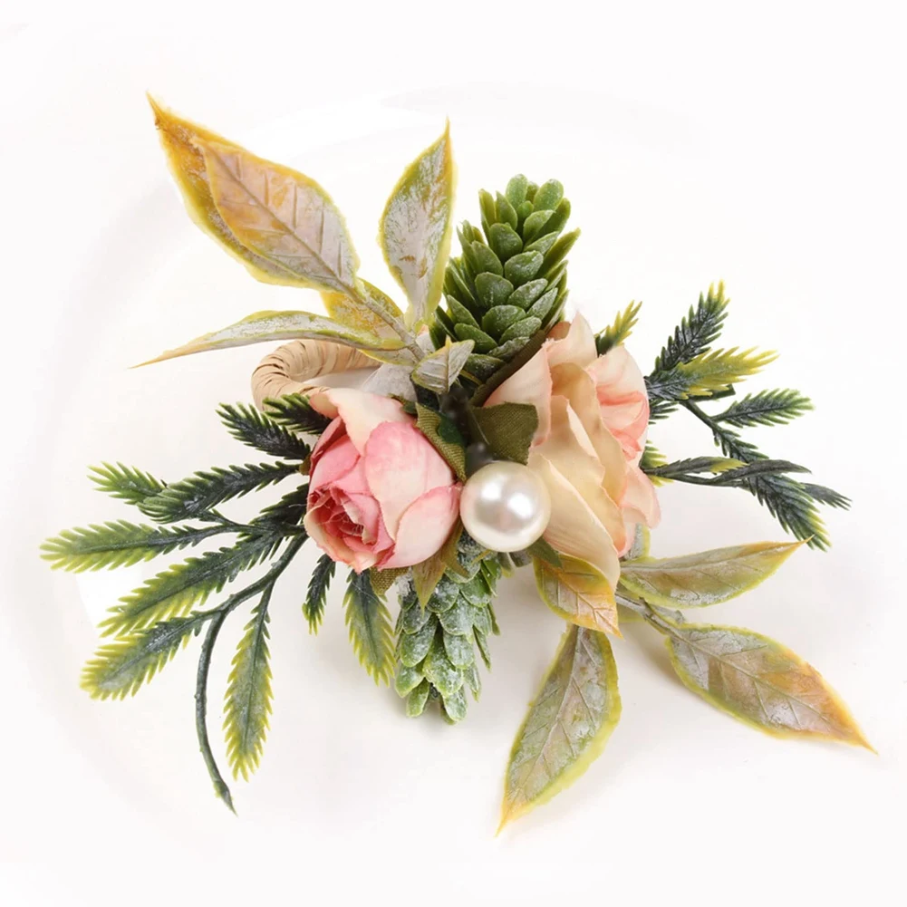 Double Rose Napkin Rings Set of 4, Pink Flower Napkin Rings with Berries and Green Leaves Handmade Napkin Ring Holders