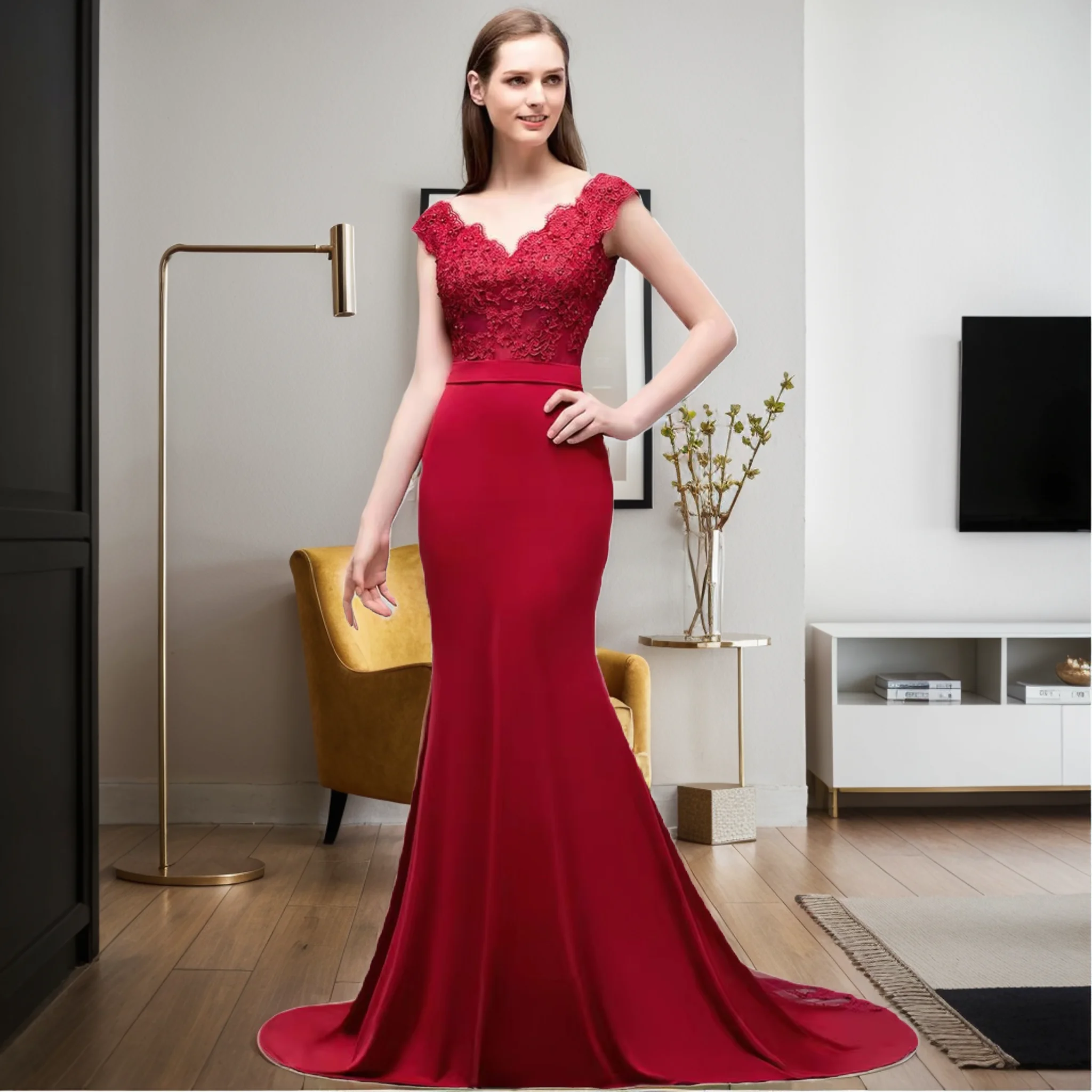 BABYONLINE Prom Dresses With Lace Train Elegant V Neck Applique Beaded Long Satin Red Mermaid Evening Party Gowns