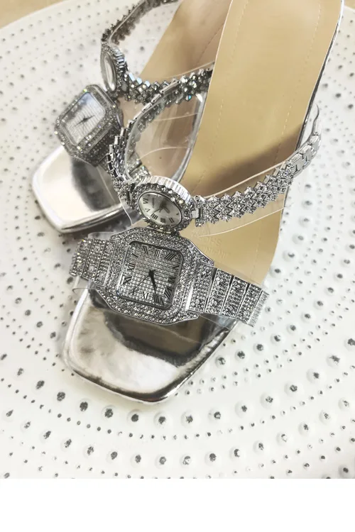 Original design Crystal watch high heels sandals women's luxury diamond bling leather clear heeled slippers party dating shoes view 4