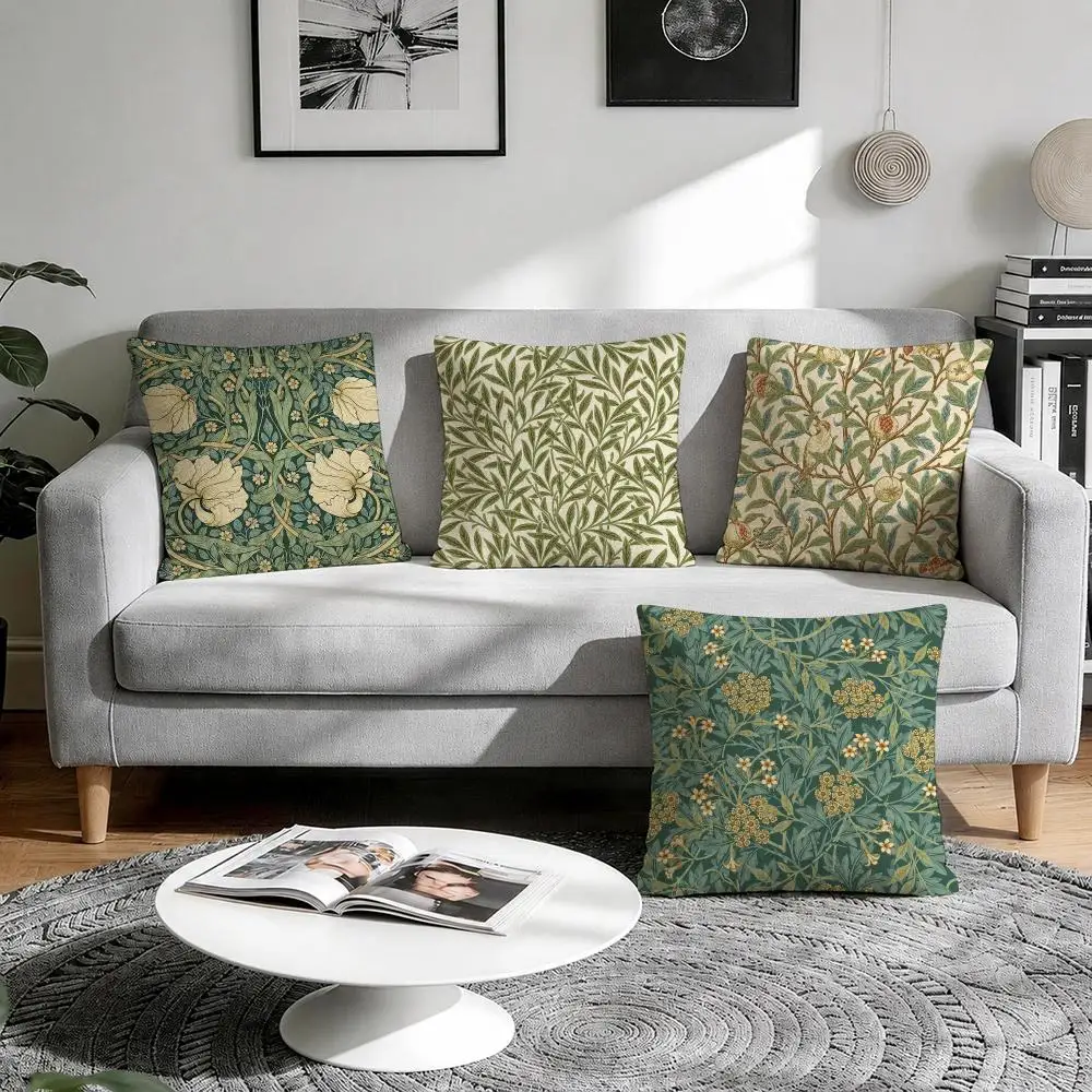 William Morris Floral Art Cushion Cover Natural Breathable Durable Linen Printed Decor Pillow Case Sofa Bedroom