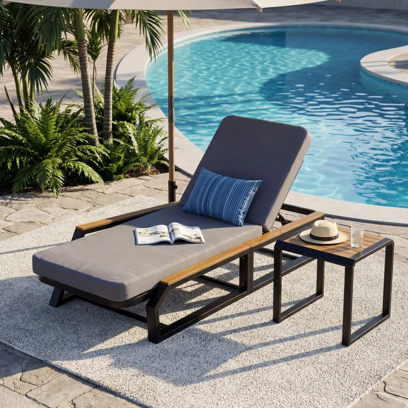 

5-Position Outdoor Chaise Lounge Set with Grey Cushion, Teak Accents, Black Iron Frame, Includes Side Table