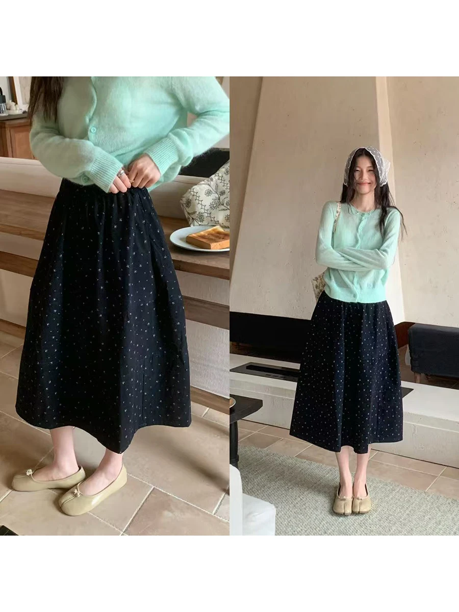 

Юбка миди А-силуэта с высокой талией, черная, с цветочным принтом и горошком, весенняя, повседневная, из смесового хлопка, в стиле кэжуал, для девочек