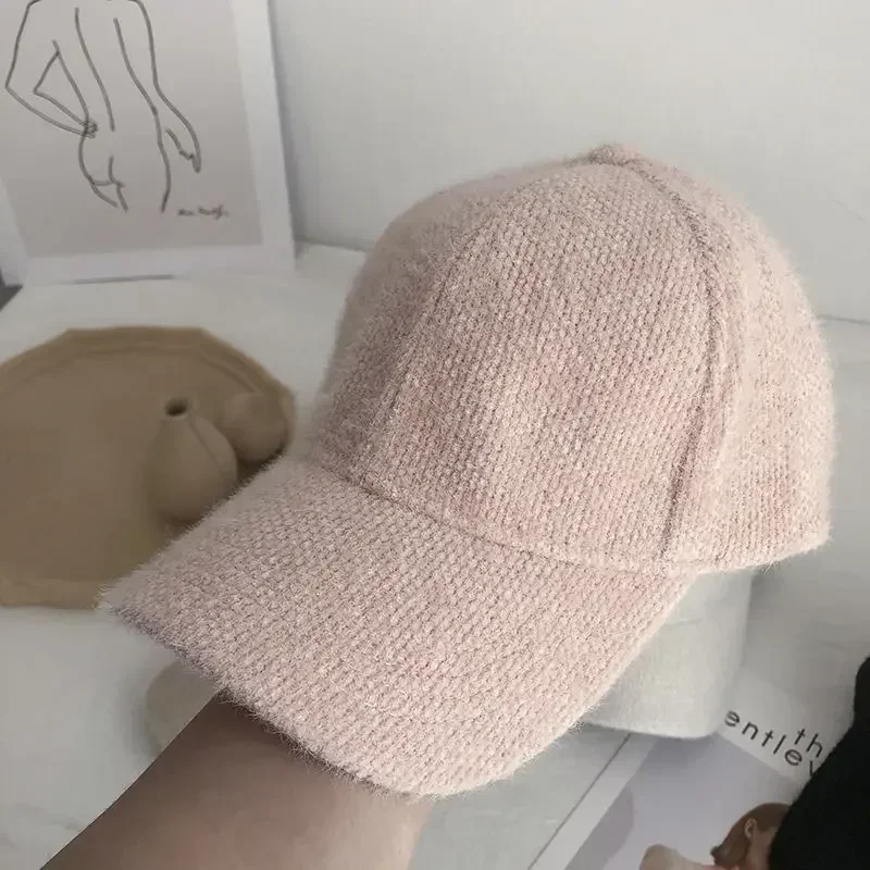 Women Faux Rabbit Fur Baseball Cap Solid Color Warm Winter Hat Soft Fluffy Visor Cap for Outdoor Daily Wear 4
